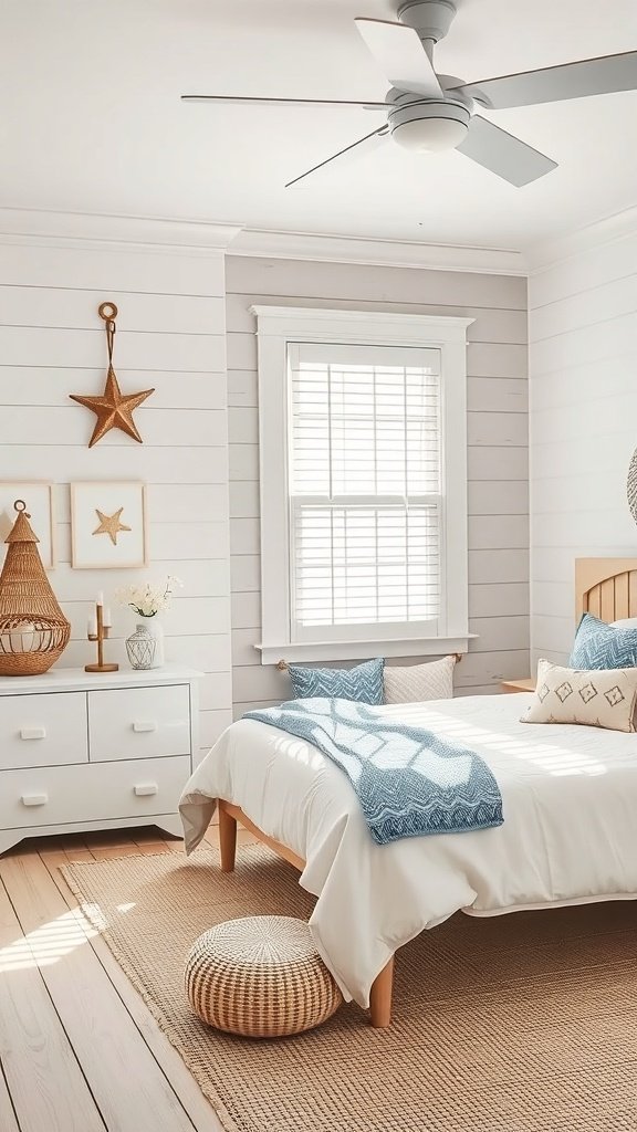 A bright and airy bedroom with beachy decor, featuring a cozy bed, light wood tones, and coastal accents.