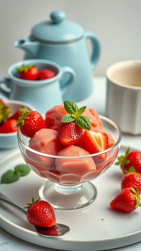 A bowl of strawberry-basil sorbet garnished with fresh strawberries and basil leaves.