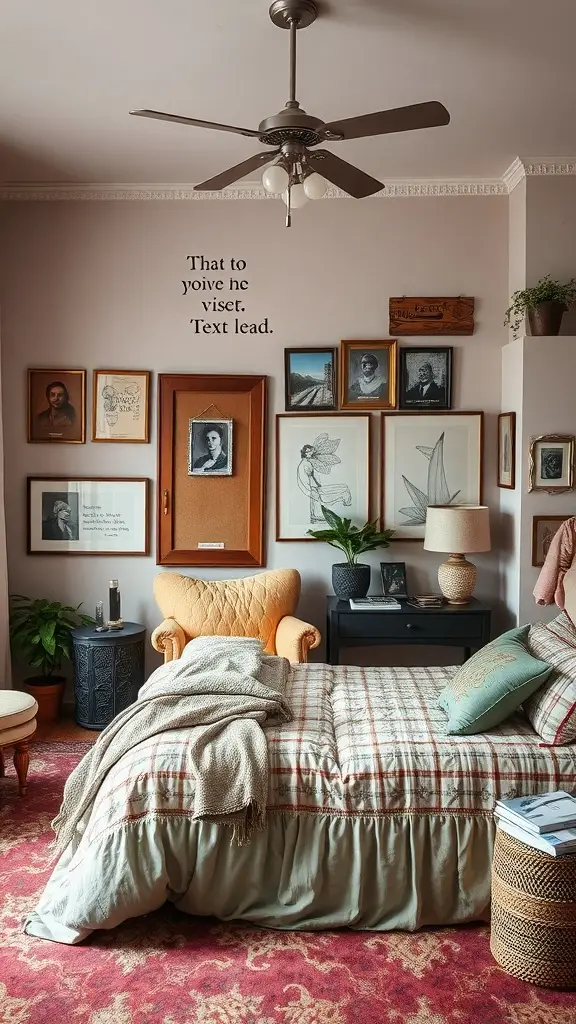 An eclectic bedroom featuring a vintage armchair, framed art, and a cozy bed with soft bedding.