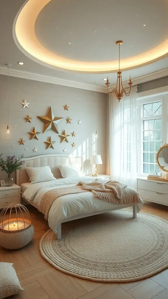 A serene bedroom with star-themed decor, soft lighting, and a cozy atmosphere.