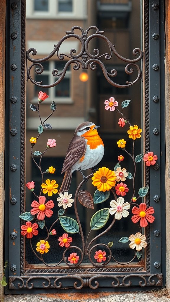 Colorful window metalwork featuring a robin and flowers