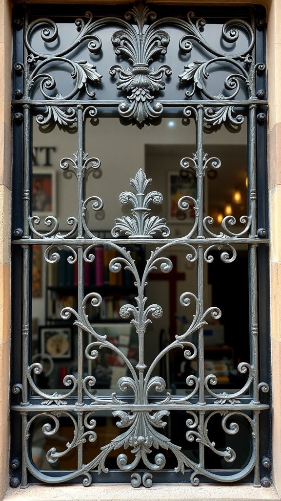 Intricate Victorian-style window metalwork with floral designs