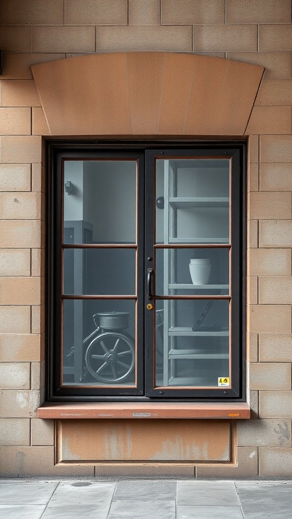 A modern industrial window with black metal frames and a warm brick wall background.