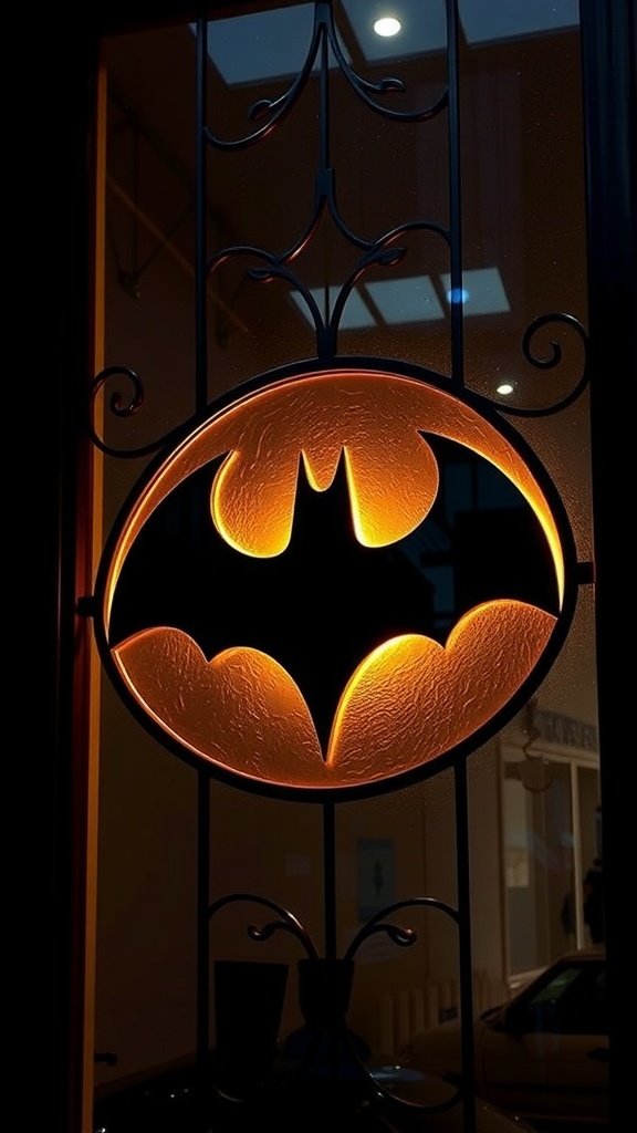 A window featuring a glowing Bat-Signal design against a night sky.