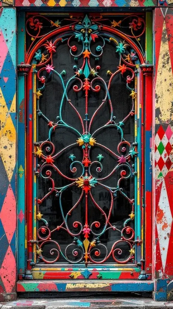 A window with harlequin patterns in red, yellow, and black, featuring intricate ironwork.