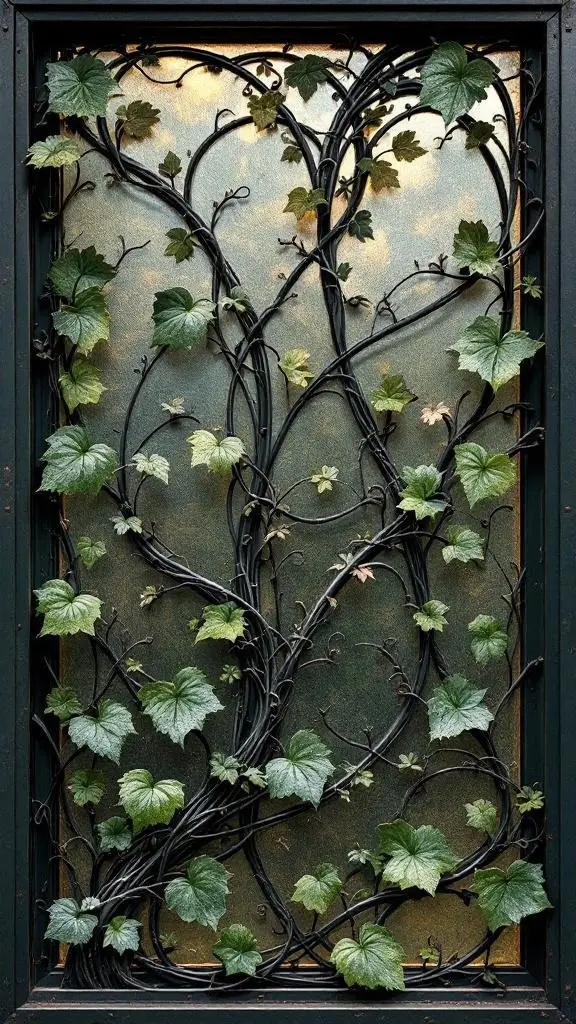 A decorative window featuring intricate metalwork with green leaves climbing over it.