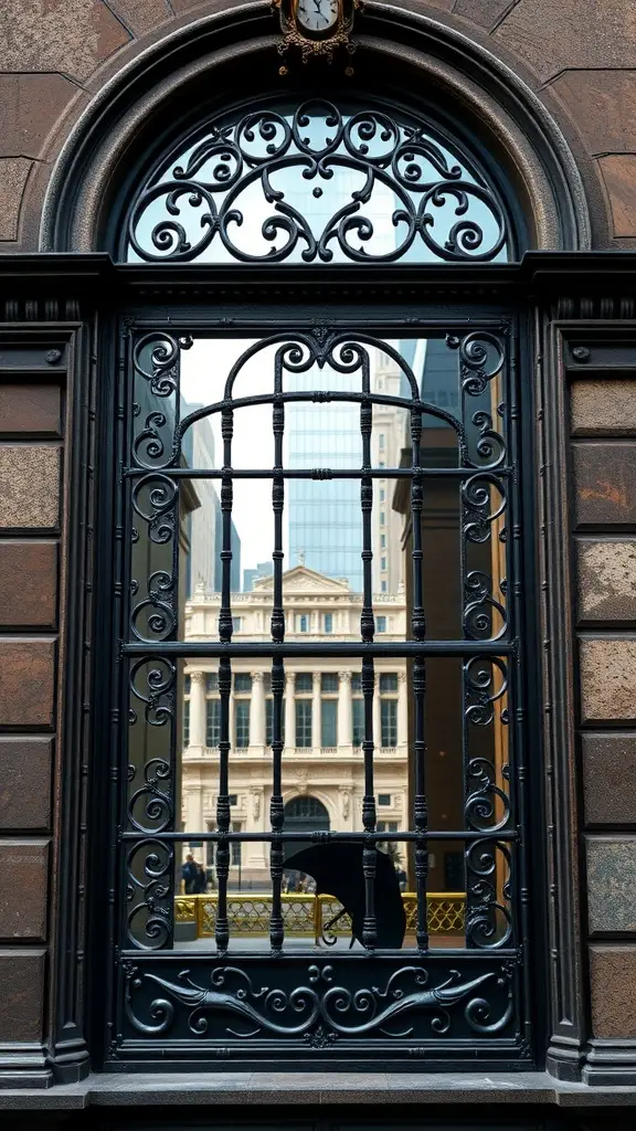 Intricate window metalwork featuring floral designs and reflections of surrounding architecture.