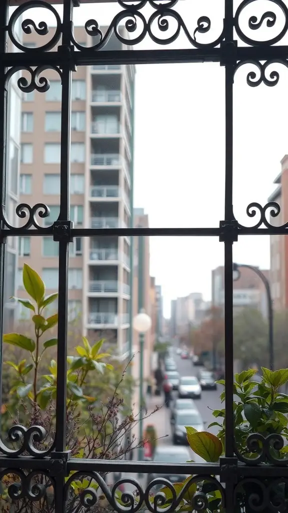 Intricate black iron window metalwork framing a view of a city street with greenery in the foreground.