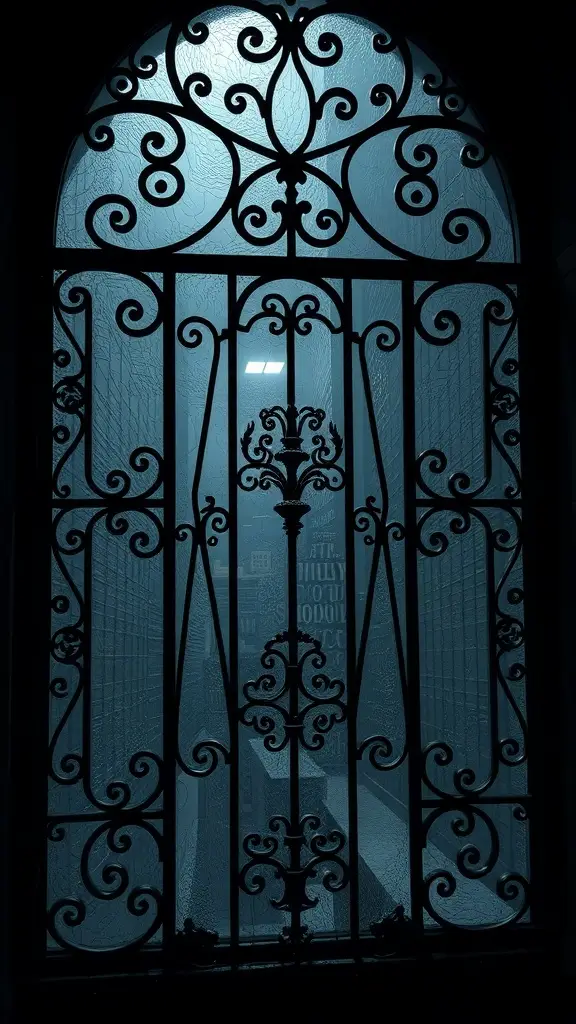 Intricate iron window metalwork with floral designs, casting shadows against a moody backdrop.
