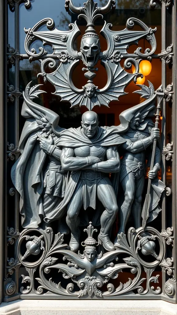 Window metalwork featuring three Batman figures framed by intricate designs