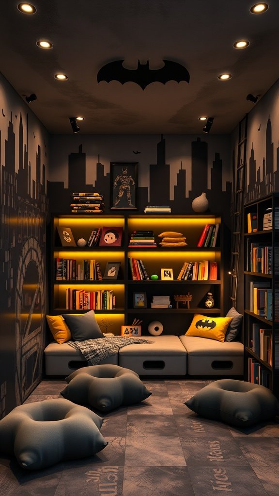 Cozy reading nook in a children's playroom featuring dark walls, glowing murals, and bat-themed decor.