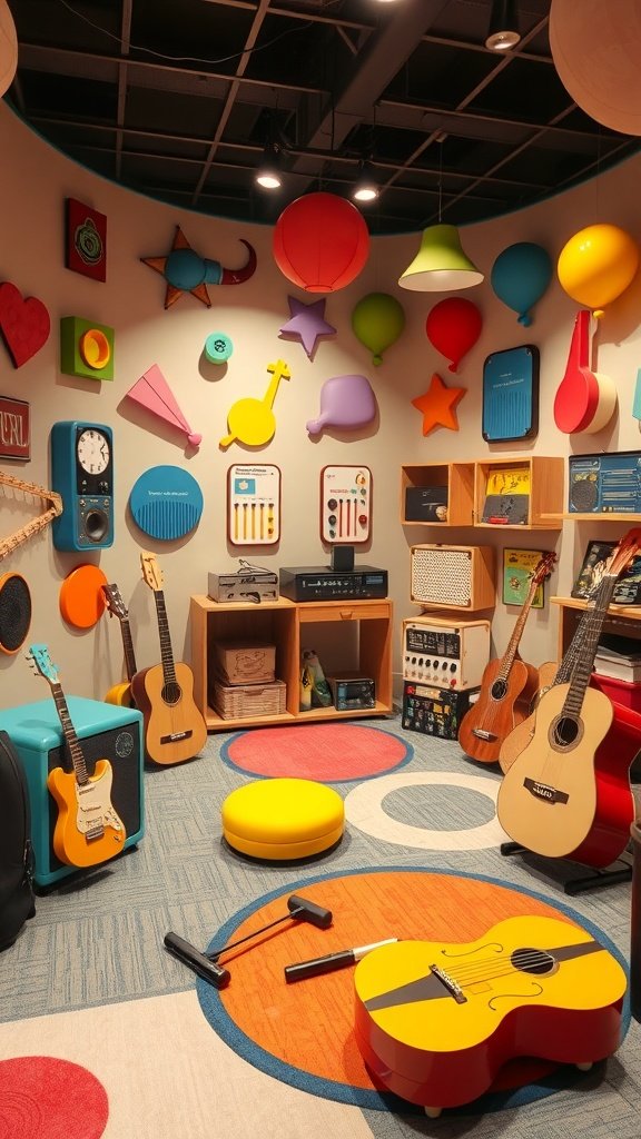 A playroom with dark walls, glowing murals, and musical instruments, featuring cozy seating and playful decor.