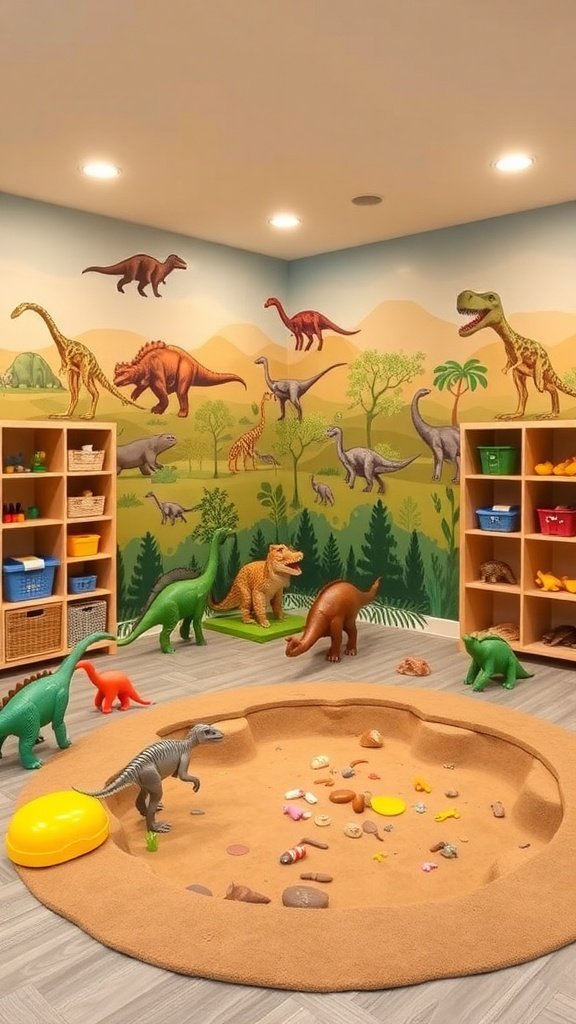 A playful children's playroom featuring a dinosaur in a cape, glowing murals, and cozy seating.