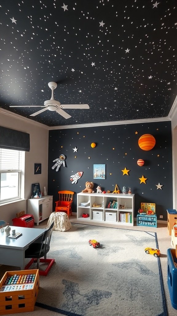 Children's playroom with a starry ceiling and Gotham-inspired murals