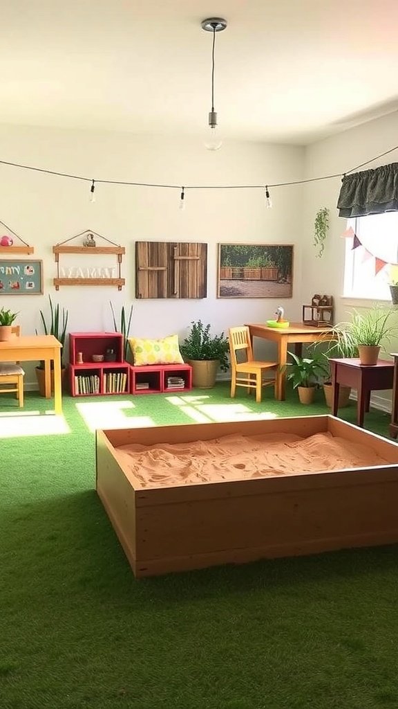 Indoor playroom with a sandbox, dark walls featuring cityscapes, bat-themed decor, bean bags, and a climbing ladder.