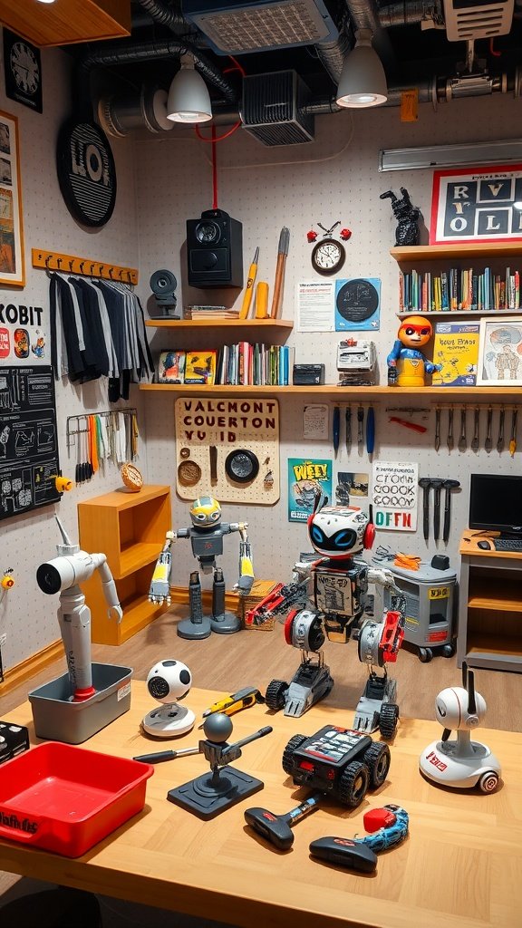 A robot workshop designed for children, featuring DIY kits, dark walls with glowing murals, and cozy seating.