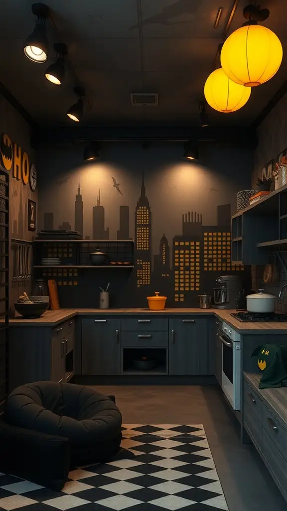 A stylish mini kitchen in a children's playroom with dark walls, glowing city murals, and playful decor.