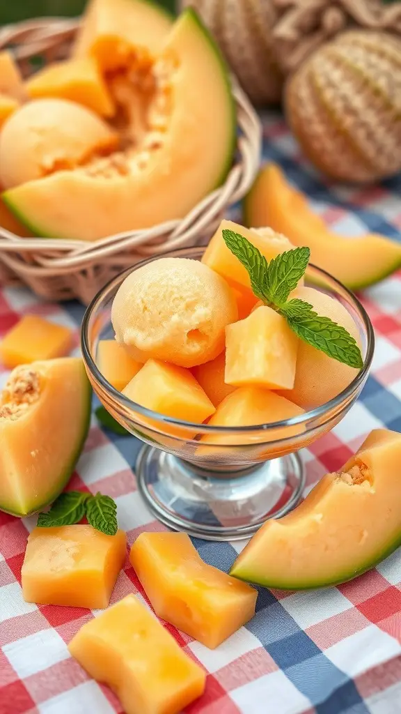 A bowl of cantaloupe sorbet with fresh melon pieces and mint leaves.