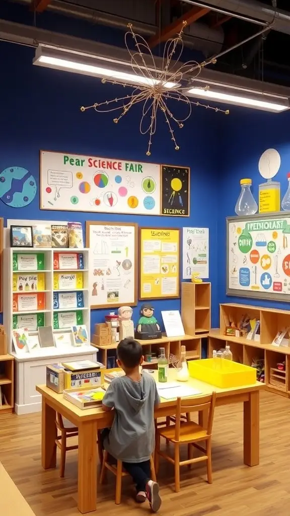 A creative children's playroom inspired by Gotham, featuring dark walls, glowing murals, and colorful experiment kits.