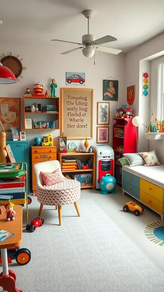 A vintage-inspired playroom with dark walls, glowing city murals, bat-shaped pillows, and cozy bean bags.