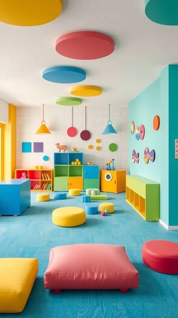 A colorful playroom inspired by Gotham, featuring dark walls with glowing murals, soft play areas, and a large moon decoration.