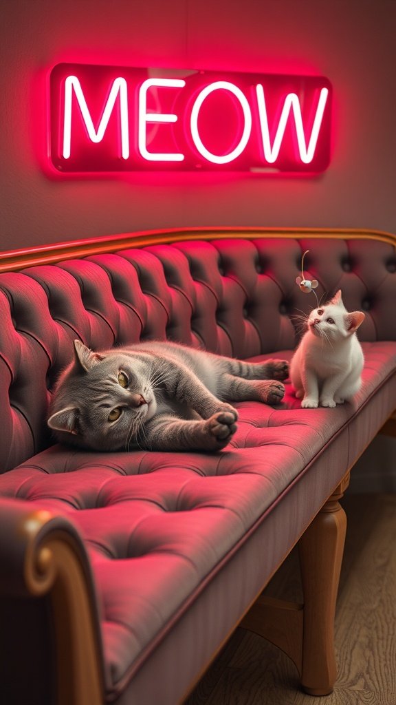 A stylish cat playroom featuring two cats on a red couch with a neon 'MEOW' sign.