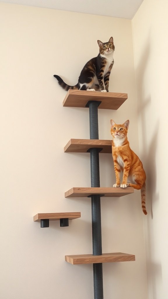 Two cats on a stylish climbing structure with wooden shelves and metal supports.
