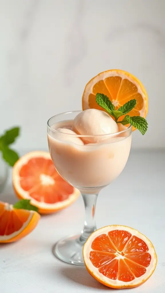 A glass of grapefruit sorbet garnished with a slice of grapefruit and mint leaves.