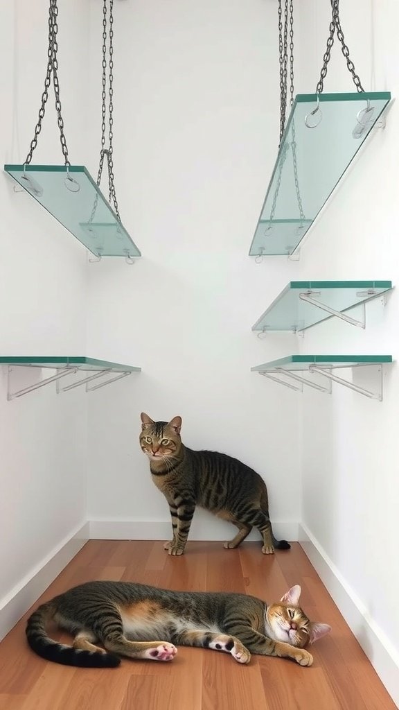 A stylish cat playroom featuring a suspended shelf and two tabby cats, one playing and one sleeping.