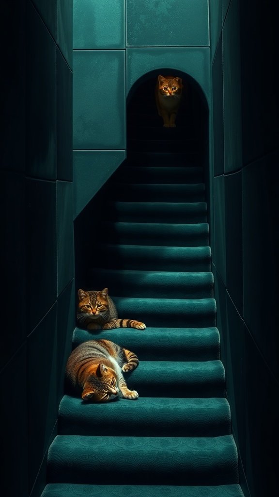 A stylish cat playroom featuring green carpeted stairs and a cozy atmosphere.