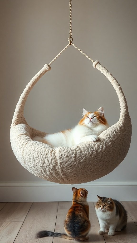 A cozy cat playroom featuring a hanging hammock with a lounging cat and two other cats below, creating a playful and inviting atmosphere.