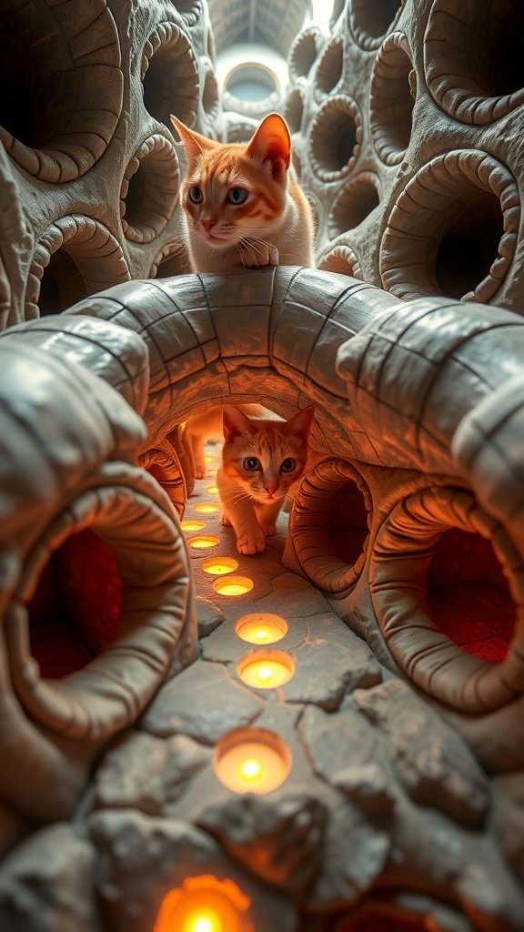 A stylish cat playroom featuring intricate tunnels and glowing pathways for cats to explore.