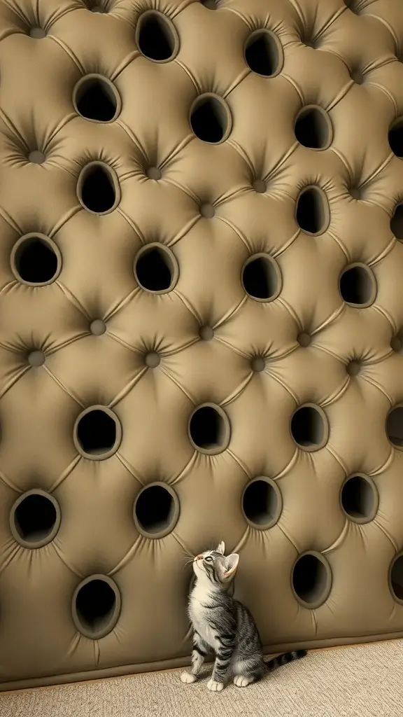 Two cats climbing on a plush wall with holes, showcasing a unique cat playroom design.