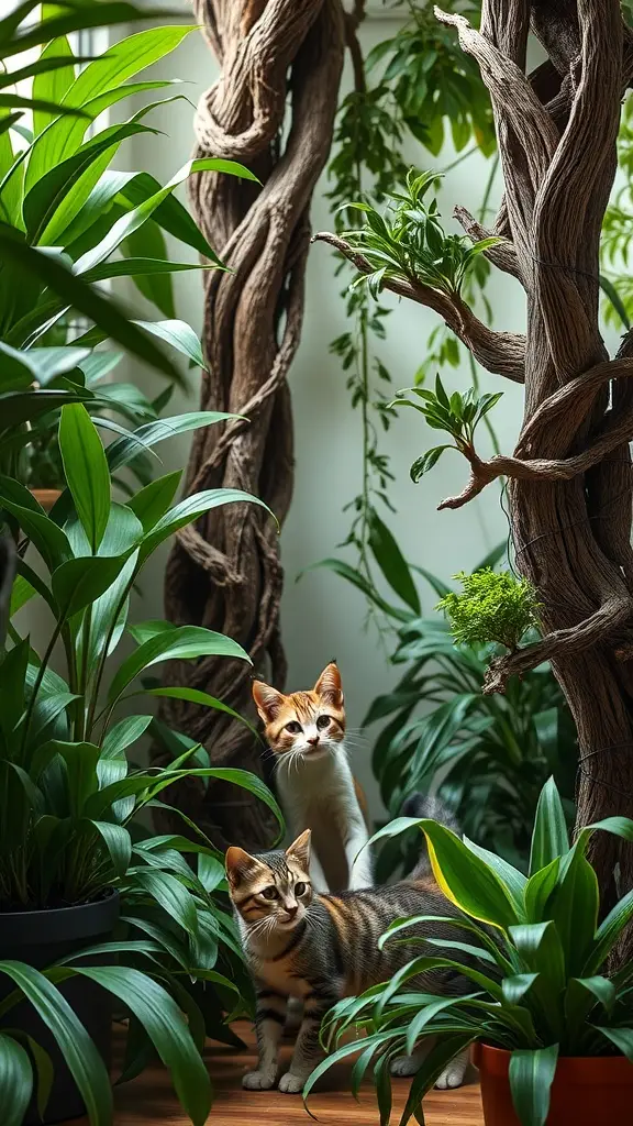 Two cats exploring a lush indoor garden filled with plants.