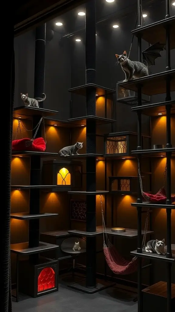 A stylish cat playroom featuring cats lounging in shadowbox-style shelves, showcasing a blend of luxury and playfulness.