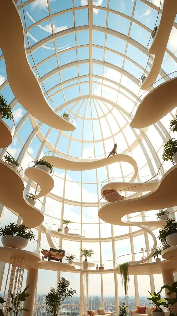 A cat soaring in a vaulted glass ceiling space, with two people looking up in awe.