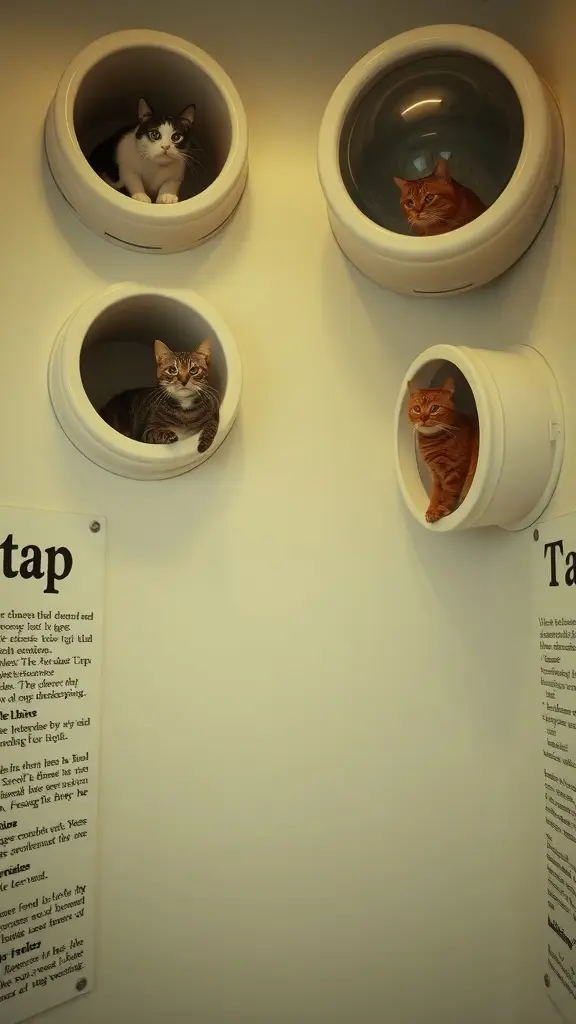 A cozy cat playroom featuring modern pods for lounging and observing.