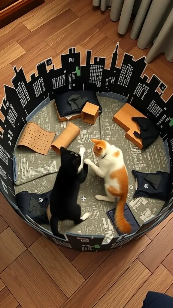 A cozy cat playroom with a city skyline backdrop, featuring two cats exploring their space.