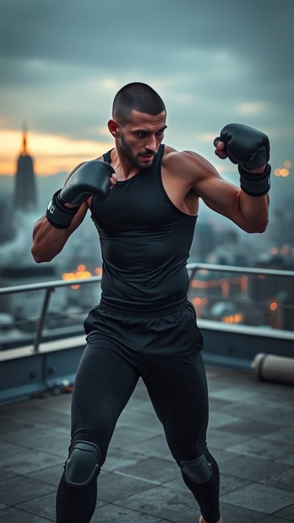 A fit individual in black workout gear, wearing boxing gloves, striking a pose against a city skyline.