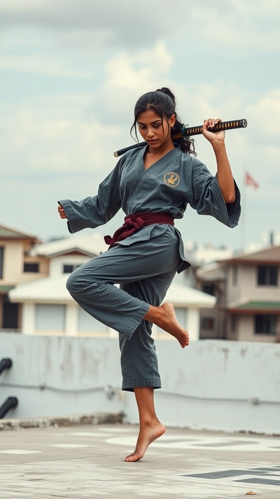 A person in a martial arts uniform balancing on one foot while holding a katana.