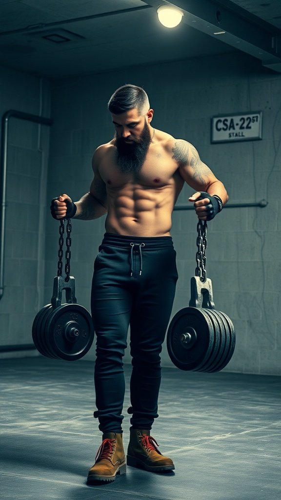 A muscular man lifting weights in a dimly lit gym, showcasing strength and determination.