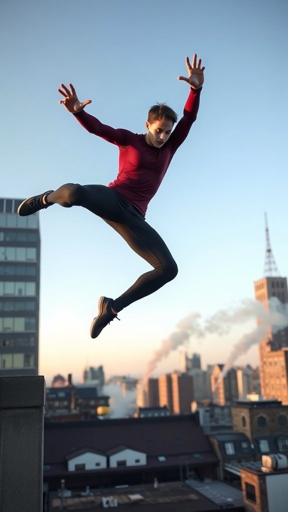 A person in maroon workout gear leaping between buildings in a city skyline.