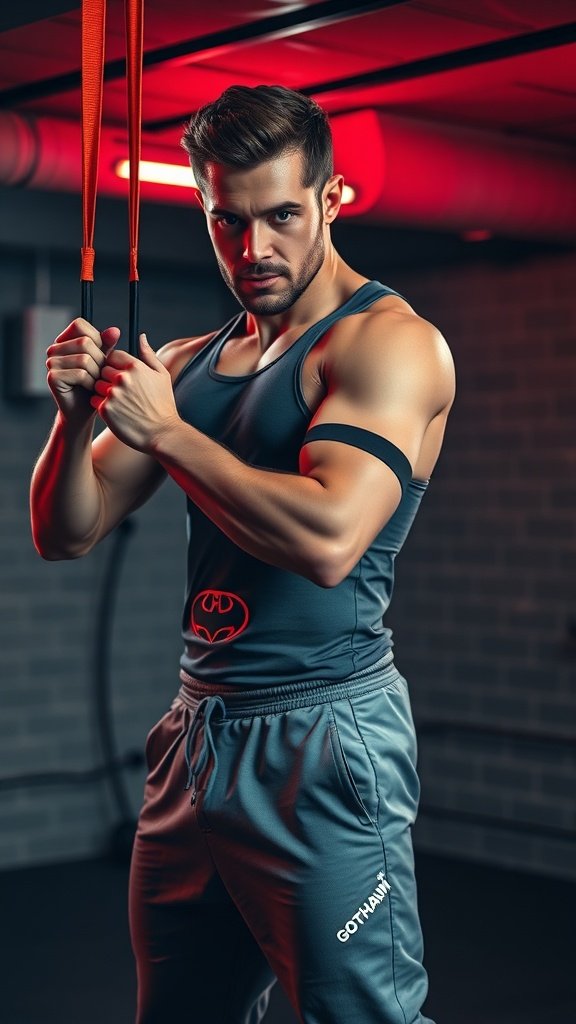 A fit individual wearing Gotham workout gear, holding resistance bands in a gym setting.