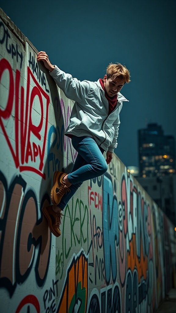 A young person climbing a graffiti-covered wall in urban attire, showcasing bold workout gear against a city backdrop.
