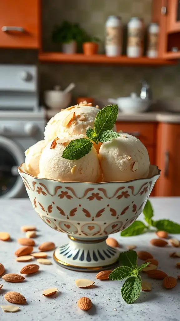 A bowl of almond sorbet garnished with mint leaves and almonds, set in a cozy kitchen.