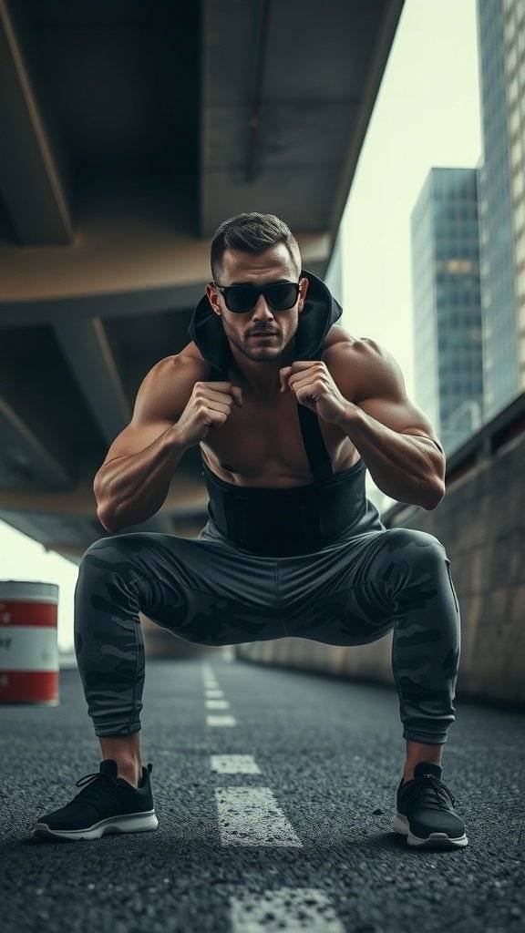 A muscular man in workout gear squatting under an urban overpass, showcasing strength and determination.