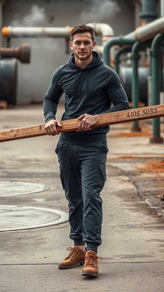 A person wearing a dark hoodie and cargo pants, holding a wooden beam in an industrial setting.