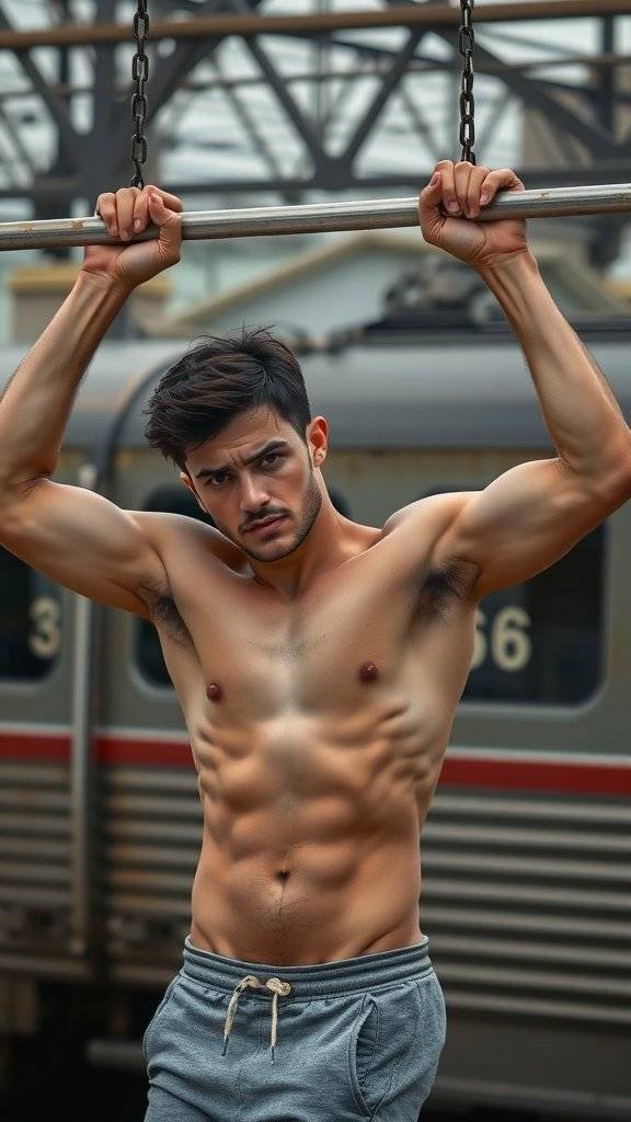 A muscular individual hanging from a pull-up bar in an urban setting, showcasing strength and determination.