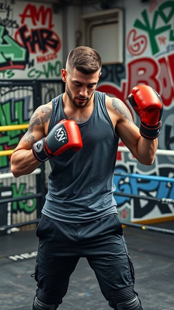 A focused individual in a tank top and tactical shorts, wearing red boxing gloves, stands in front of a graffiti-covered wall, ready for training.