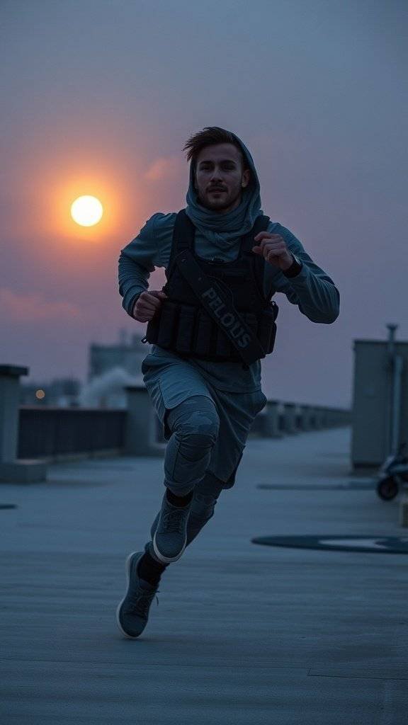 A person running in workout gear against a twilight backdrop, showcasing a strong and determined look.